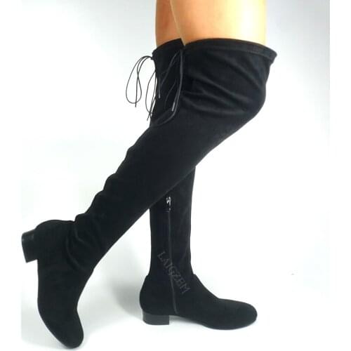 BERZIMER Women Thigh High Boots Low Flat Heels Over Knee Boots Ladies ZIP Shoes Woman Bottes pour femmes Large Size 43 44 47 52