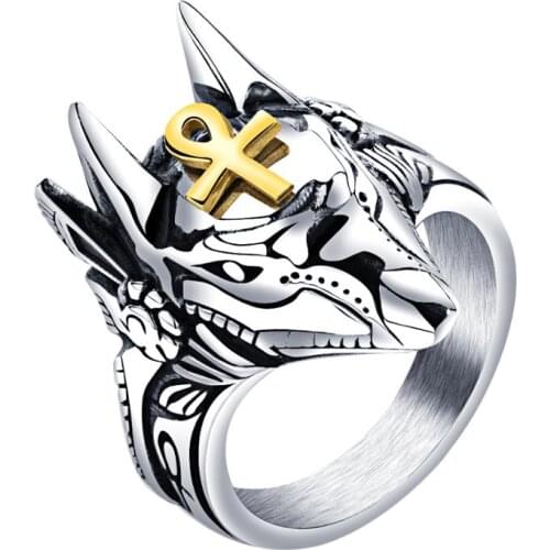 BONISKISS Punk Anubis Ankh Egyptian Cross Finger Ring For Men Punk Silver Color Stainless Steel Vintage Jewelry Male Rings