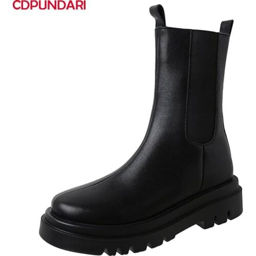 Ladies Black Genuine Leather Flat Platform Ankle Boots Women Autumn Winter Chelsea Chunky Boots Shoes Bottes Plateforme Femme