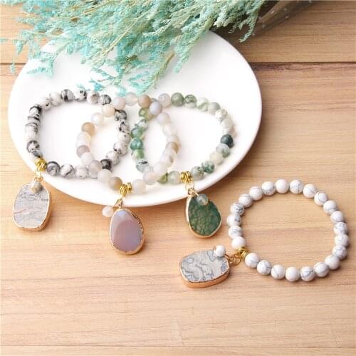 Womens Agates Druzy pendant charm bracelet Natural Stone beads Bracelets women ladies female simple gem stone bracelet jewelry