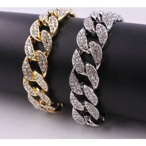 Gold color 16mm crystal miami cuban chain bracelets mens jewelry iced out bling one row hip hop bracelets necklace for rapper