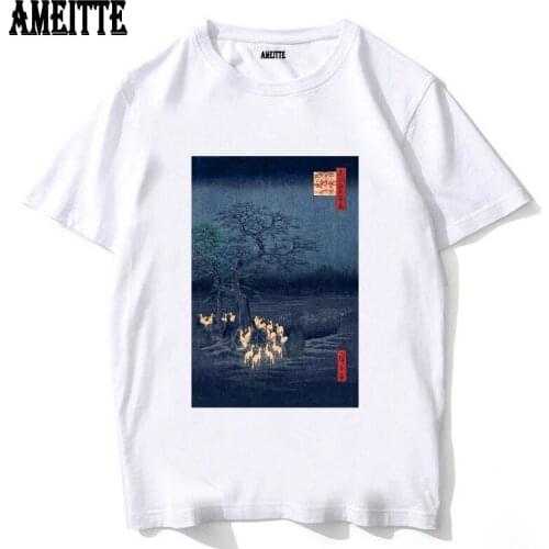 Foxes at Night Shrine Vintage Japanese Art T-Shirt New Summer Men Short Sleeve Natural Scenery Art Boy Casual Tops White Tees