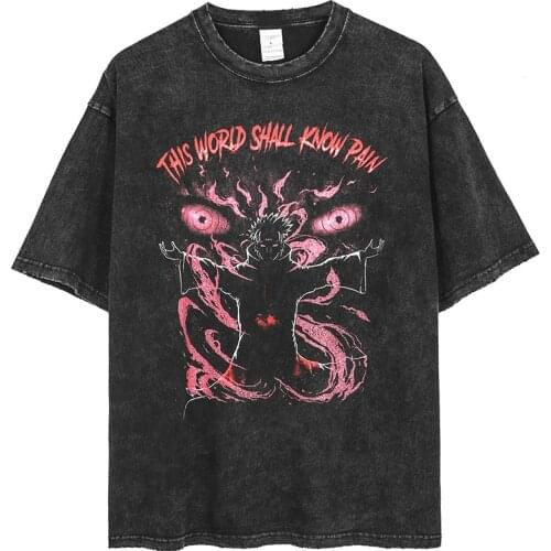 Anime Pain Printed T Shirt Men Retro Washed Cotton Tops Tees Harajuku Tshirt 2021 Streetwear Hip Hop Male T-shirts