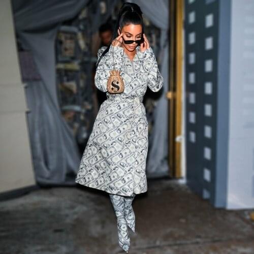 Classy Money Trench Dollar Bill Print Dress KimKardashian Wrap V Neck Sash Embellished Long Sleeves Money Outfit Streetwear