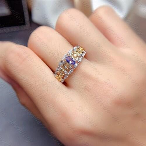 Natural Tanzanite Ring 925 Silver Two-color Electroplating Process Hollow Carving Luxury Elegant