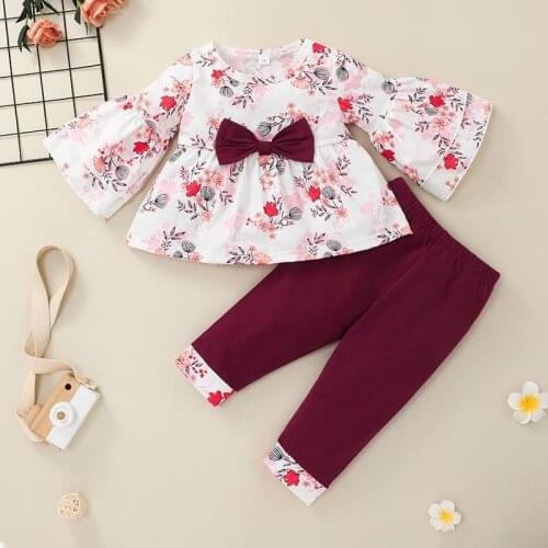 Baby girls fashion clothes set 2021 fall long sleeve T-shirt with bow+pants toddler outfit flower print suit 2 pcs 6-24M