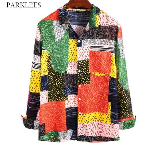 Retro Hit Color Patchwork Men Shirts 2020 Fashion Dots Printed Mens Long Sleeve Shirt Casual Holiday Shirt for Men with Pocket