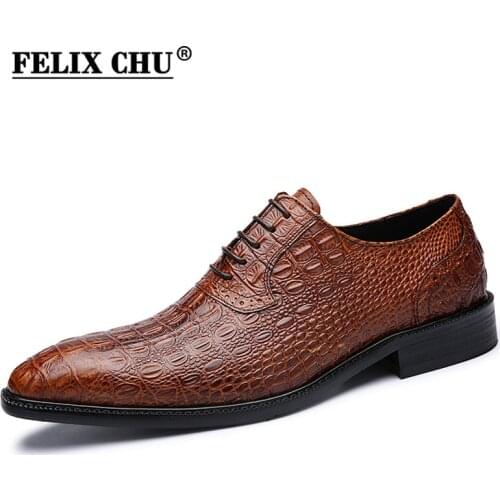 Alligator Style Mens Wedding Shoes Lace Up Oxford Genuine Leather Crocodile Print Party Business Brown Dress Shoes for Men