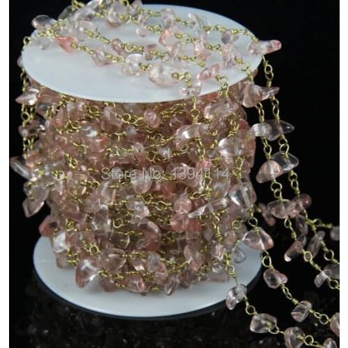 Natural Cherry Quartz Crystal Chips Beaded Chain, Wire Wrapped Chip Beads DIY Chain