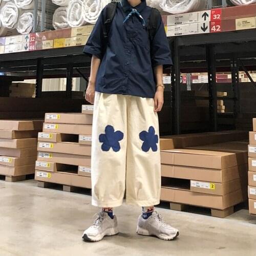Summer New Style Flower Patch Elastic Pants Womens Japanese Style Womens Cotton And Linen Wide-Leg Pants Womens Trousers