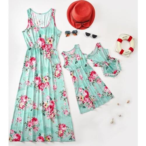 Matching Family Outfits Mom and Daughter Dress Summer Print Floral Long Dress For Mommy and Me Clothes 2021 Baby Girls Rompers