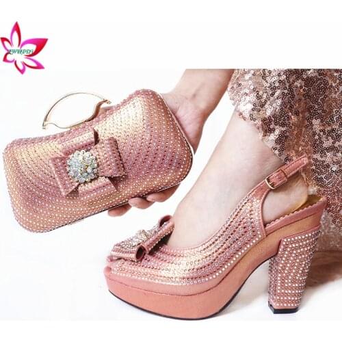 Peach Color New Fashion Mature Summer Women Party Shoes And Bag Set For Party Italian Style High Heel Sandals And Bag Set