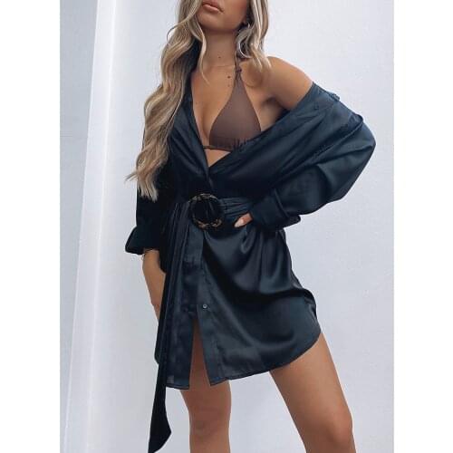 Sexy Dresses Women Casual Shirt Dress Adults Button-down Solid Color/Printed Pattern Long Sleeve V-neck with Belt Dress