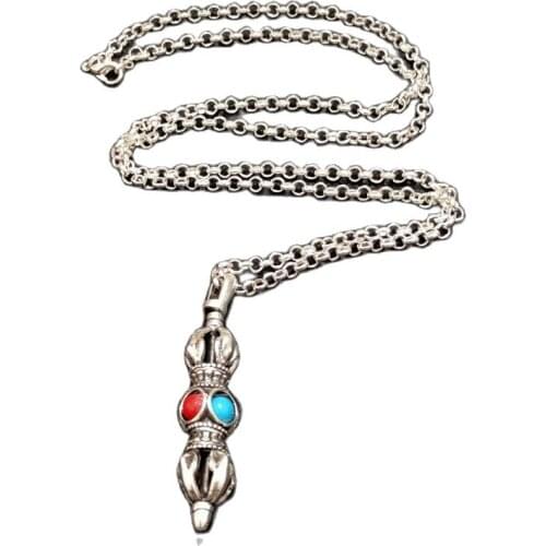 Chinese Tibetan silver inlaid Gemstone Pendant