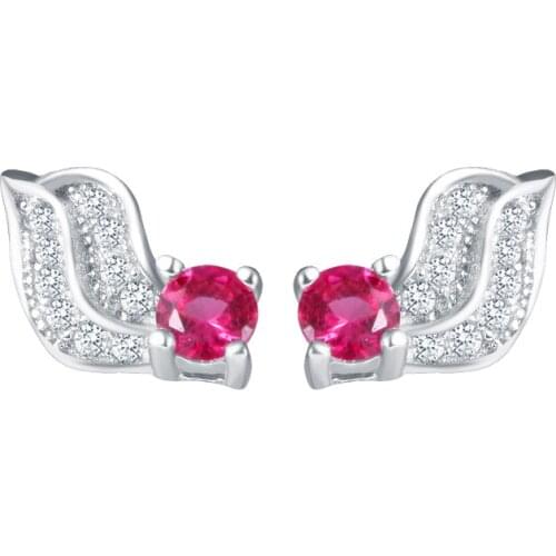 Sinya Angel wings crystal red stones stud earring S925 sterling silver jewelry Korean version earrings for womens girls 2017 new