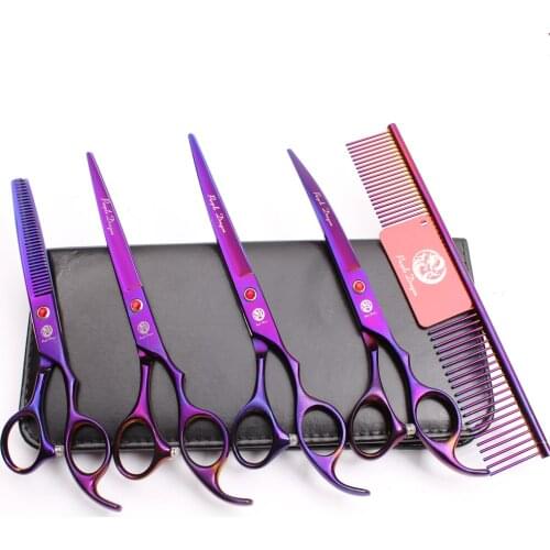 5Pcs Set 7 inch Violet Pets Hair Steel Comb + Cutting Shears + Thinning Scissors + Professional Dogs Cats Curved Shears