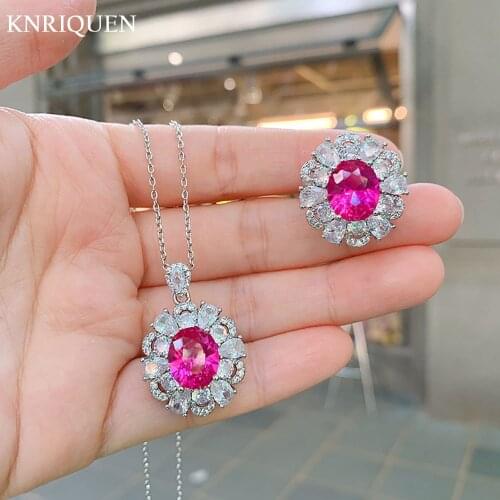 Charms 925 Sterling Silver 10*12mm Ruby Lab Diamond Gemstone Pendant Necklace Ring for Girlfriend Wedding Party Fine Jewelry Set