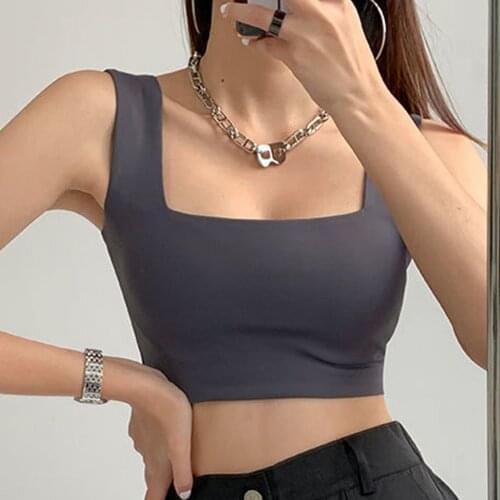 Camisole Stretch Square-Neck Cotton Womens Short Crop Top Slim Sports Outer Wear Bottoming Shirt футболка женский Ropa Mujer