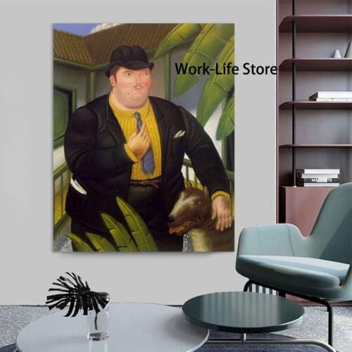 Funny Art Fat Man and dog Canvas Paintings By Fernando Botero Posters and Prints Living Room Wall Art Mural Picture Decoration