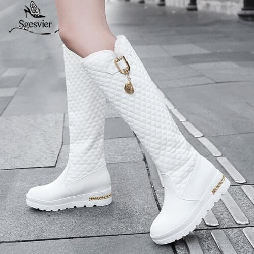Sgesvier 2019 New Women Boots Knee High Boots Square Heels Fashion Round Toe Rubber Sole Woman Leather Shoes Winter Black