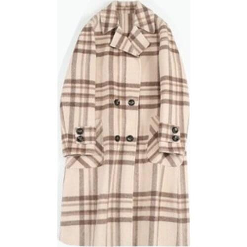 Counter season out of stock Korean version of long double-faced cashmere c checked coat wool coat double-breasted trench coatoat