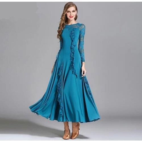 Women Party Sexy Lace Mesh Long Sleeve Ballroom Modern Dance Costume Clothes Women Standard Ballroom Dancing Dresses Ballroom