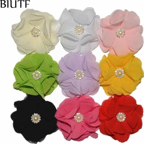 100pcs/lot 2.4 inch Chiffon Shabby Flower with Shiny Rhinestone Button Hair Accessories for Headband Hairpin Shoes Hat TH297