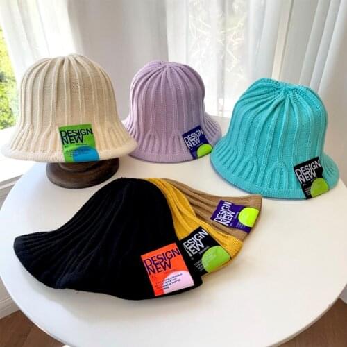 2021 Korean WomenS Thick Crochet Dome Bucket Bob Hat Letter Cloth Wool Solid Color Dome Bell Winter Fisherman Knitted Hat