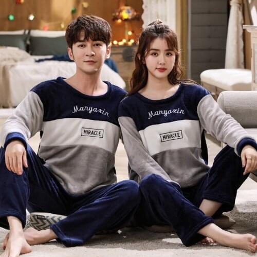2021 Winter Couple Long Sleeve Thick Warm Flannel Pajama Set for Women Korean Coral Velvet Sleepwear Pyjama Men Homewear Clothes