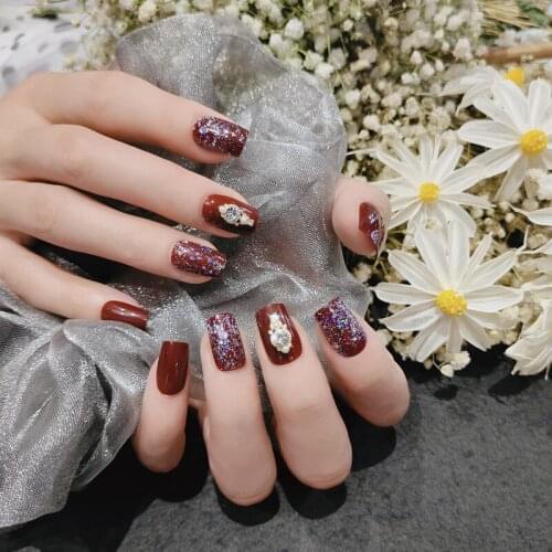 24pcs Red Wine Nail Patch Glue Type Removable Short Paragraph Fashion Manicure Save Time False Nail Patch MPwell