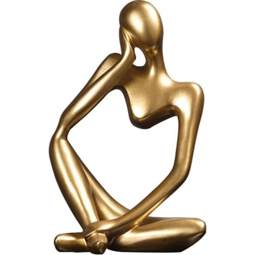 Thinker golden resin abstract sculpture, used for home decoration modern figurines, beautiful lines, desktop