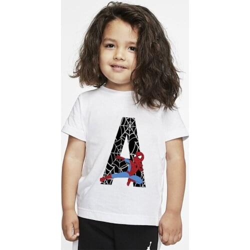 Disney Spider-Man 26 letter printed white T-shirt 3-16 years old childrens casual cotton childrens clothing