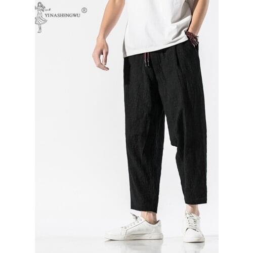 Japanese Style Harajuku Plus Size Men Trousers Crane Samurai autumn Costume Loose solid color linen Pants Haori Asian