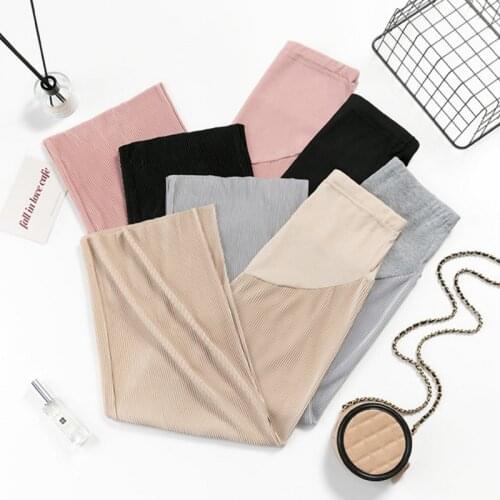 Summer Ice Silk Pregnant Womens Wide-legged Pants Wrinkled Stripes Maternity Clothes For Pregnancy Leisure Loose Trousers