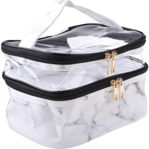 M68C Marble Pattern Makeup Bags Travel Double Layer Cosmetics Portable Storage Case for Women Girls Toiletry Organizer