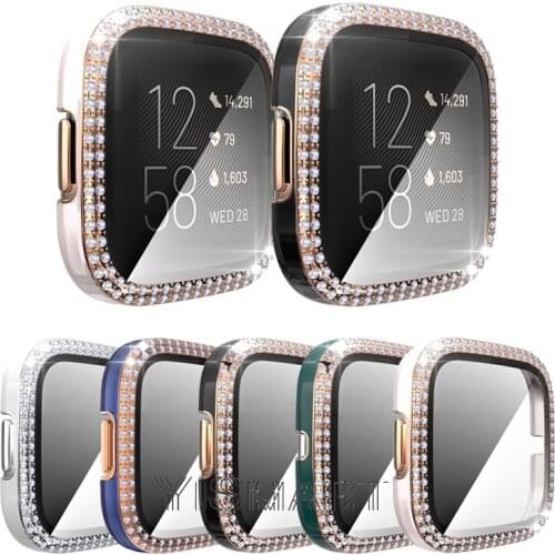 Bicolor Case for Fitbit versa 2 Full Coverage Tempered Glass Screen Protector Bling Rhinestone PC Bumper Watch Cover