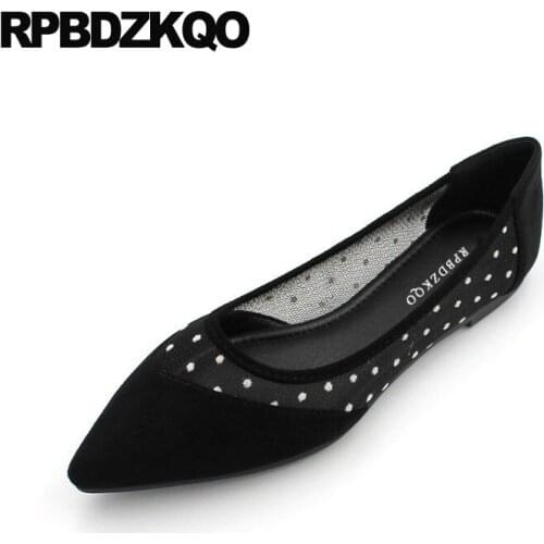 Breathable pointy slip on soft ballet flats women gray suede mesh shoes pointed toe black polka dot ballerina cheap large size