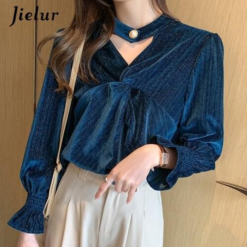 Jielur V-Neck Velvet Womens Shirt 2021 Blue Black Blouse Top Fashion Elegant Shirts Female Long Sleeve Shirt Sexy Blouses S-XXL