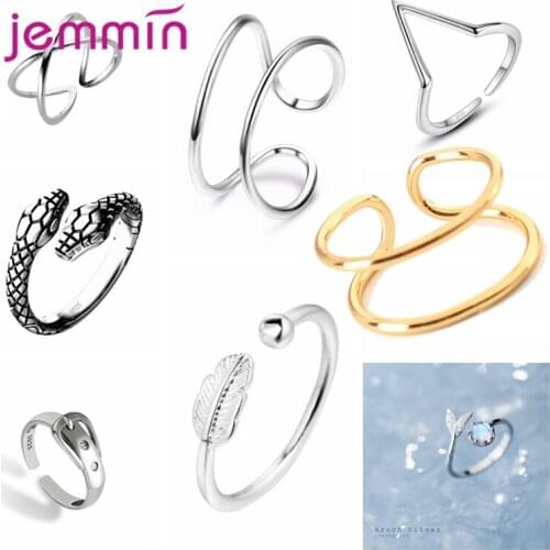 Adjustable Minimalist Women 925 Sterling Silver Finger Rings Open Girls Snake Feather Geometric Jewelry Gift Anillos Mujer