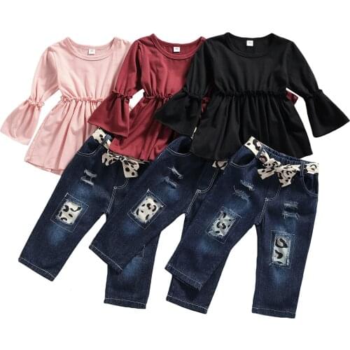 2021 3Pcs Little Girls Outfit, Solid Color Flare Long Sleeve Round Collar Tops + Leopard Print Splicing Denim Pants + Belt