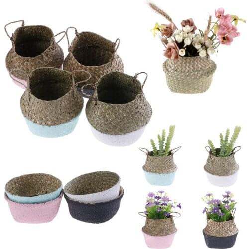 Handmade Storage Baskets Foldable Laundry Straw Patchwork Wicker Rattan Seagrass Belly Garden Flower Pot Planter Basket