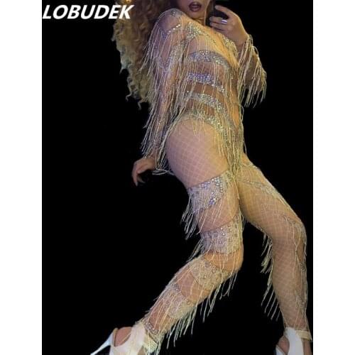 Bar Female singer DJ DS costumes White tassels Shining Crystals Jumpsuit high stretch leotard jumpsuit sexy performance Costume
