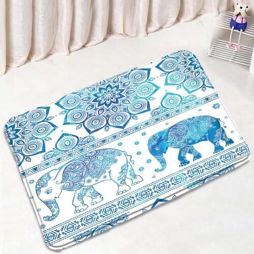 Bohemian Elephant Bath Mats Blue Mandala Flowers Ethnic Style Home Door Pad Entrance Bedroom Floor Mat Bathroom Rug Decor Carpet