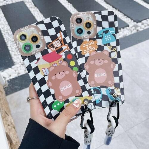 Cute Cartoon Lattice Bear with Lanyard Phone Case for iPhone 11 12 Pro Max XR XS X 7 8Puls Lens Protection Soft TPU Grid Cover