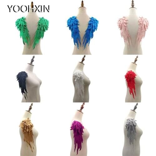 Fashion 1 pair wing embroidery DIY lace collar Fabric Sewing ribbon trim Applique neckline craft cloth Wedding dress decor