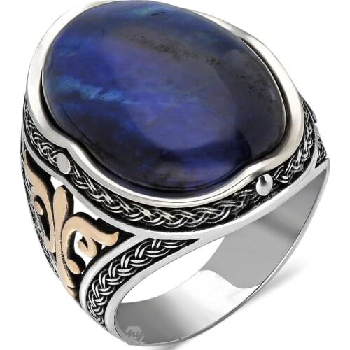 Solid 925 Sterling Silver Oval Blue Tigers Eye Stone Mens Ring