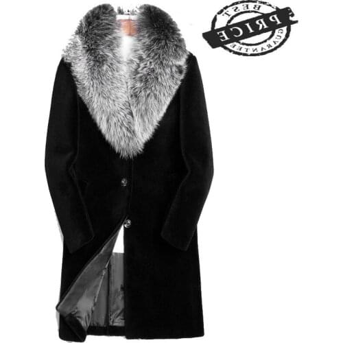 TcyeekReal Sheep Shearling Fur Coat Winter Jacket Men 100%Wool Coat Fox Fur Collar Long Coat Men Plus Size LSY0aa333 MY1130