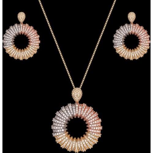 Zlxgirl jewelry mixed plated color full round cubic zircon wedding pendant & earrings jewelry sets womens inniversary bijoux