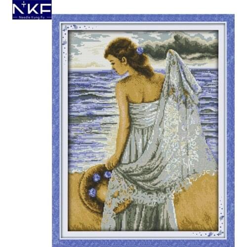 NKF Seaside Girl Cross Stitch Pattern Needlework Painting Cross Stitch Kits Embroidery Cross Craft Cross Stitch for Home Decor