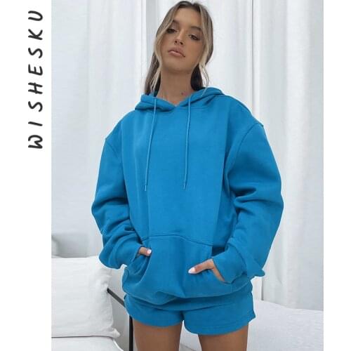 Casual Two Piece Set Women Fleece Long Sleeve Hoodie Sweatshirts Top +Jogging Shorts Femme Baggy Solid Tracksuits 2021 Autumn